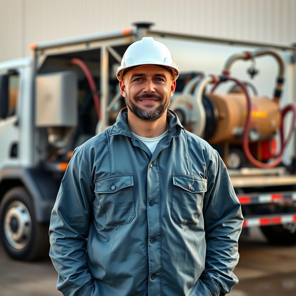 A polyurea coating contractor in full PPE with spray equipment on a job site