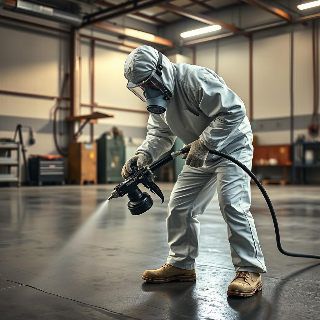 Polyurea coating contractor in PPE applying spray coating on industrial surface